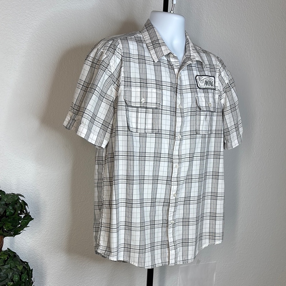 American Rag Plaid Button Down Shirt Casual White Gray Large Patch Details - Picture 3 of 9